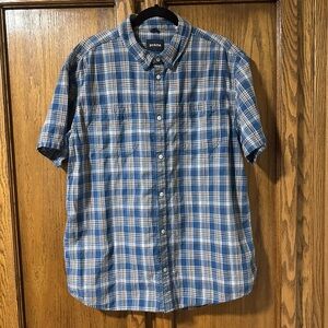 Prana Men's Watchman Short Sleeve Blue and White Plaid Button Down Shirt XL